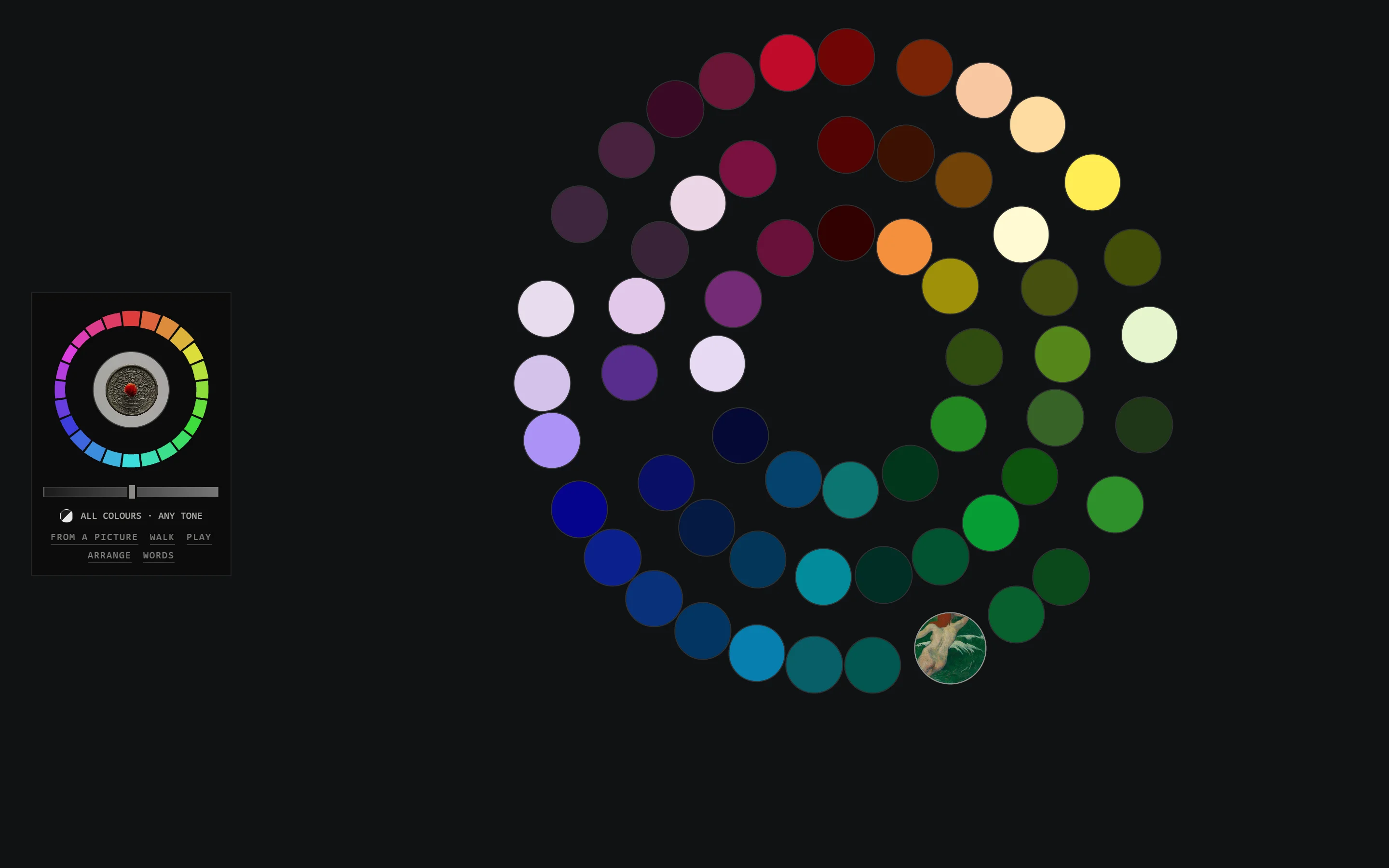 Color Walk landing page with artworks arranged around a colour wheel by hue