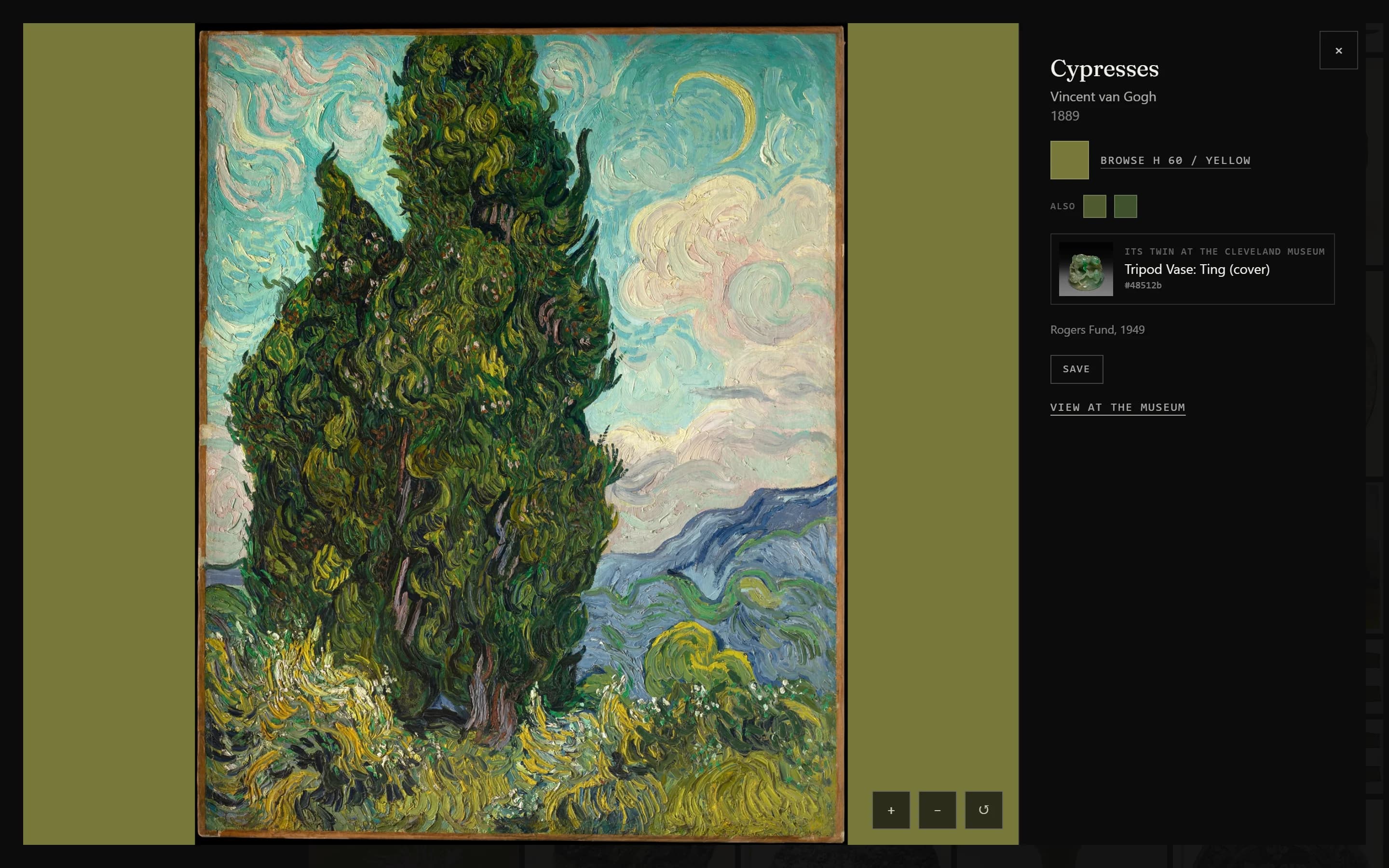 Full-screen artwork view with deep zoom and colour chips