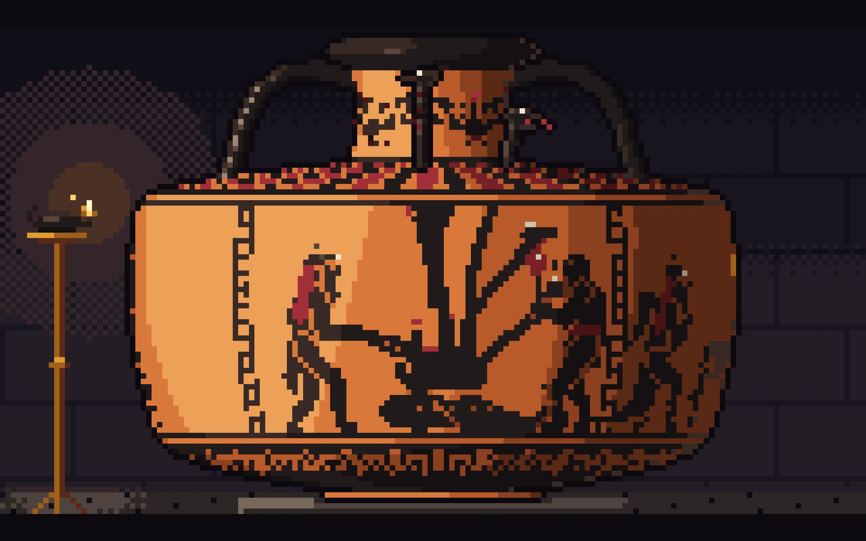 Pixel-art frame of a black-figure amphora showing Heracles