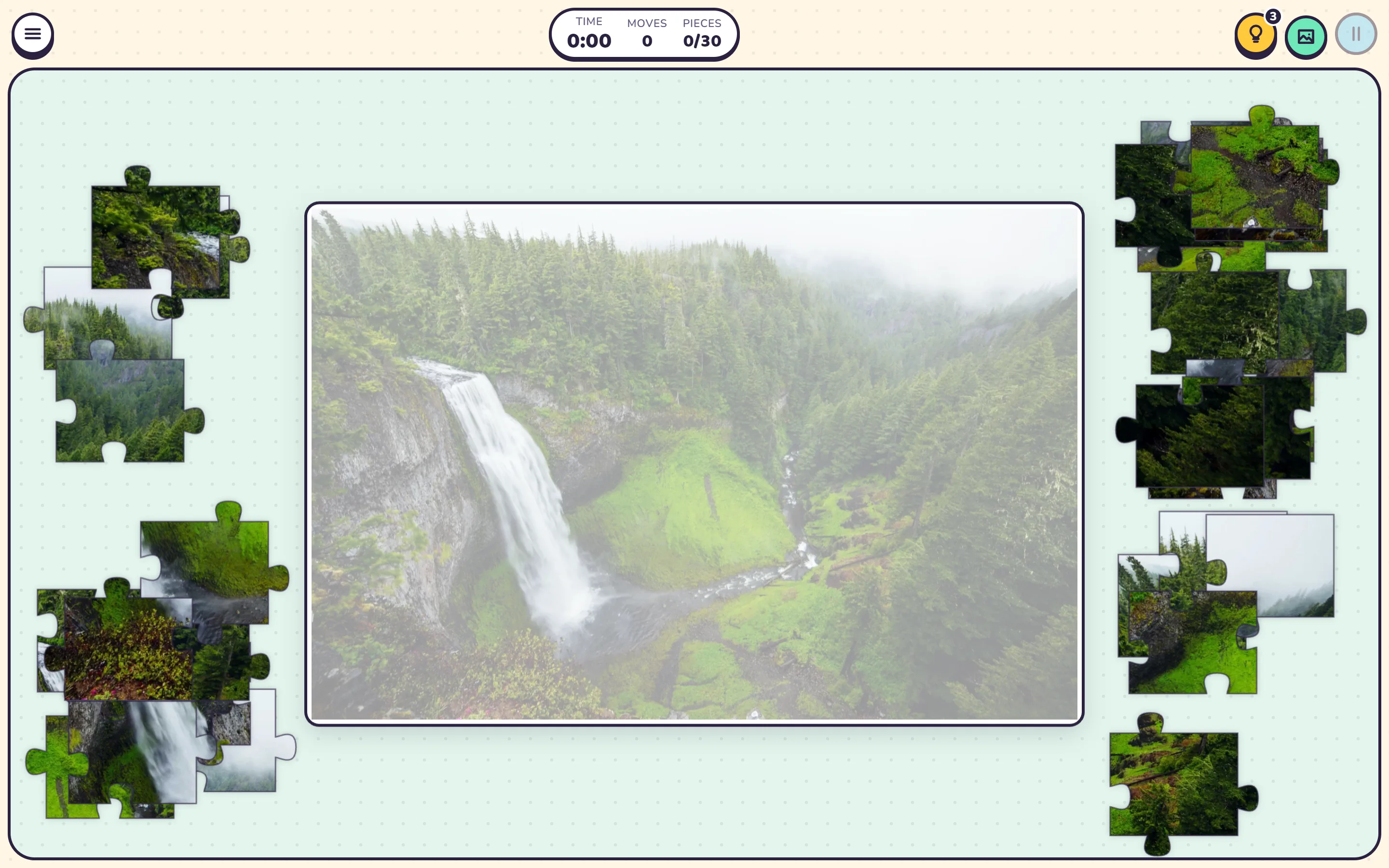 Puzzle Game board with a waterfall photo and its pieces scattered on both sides
