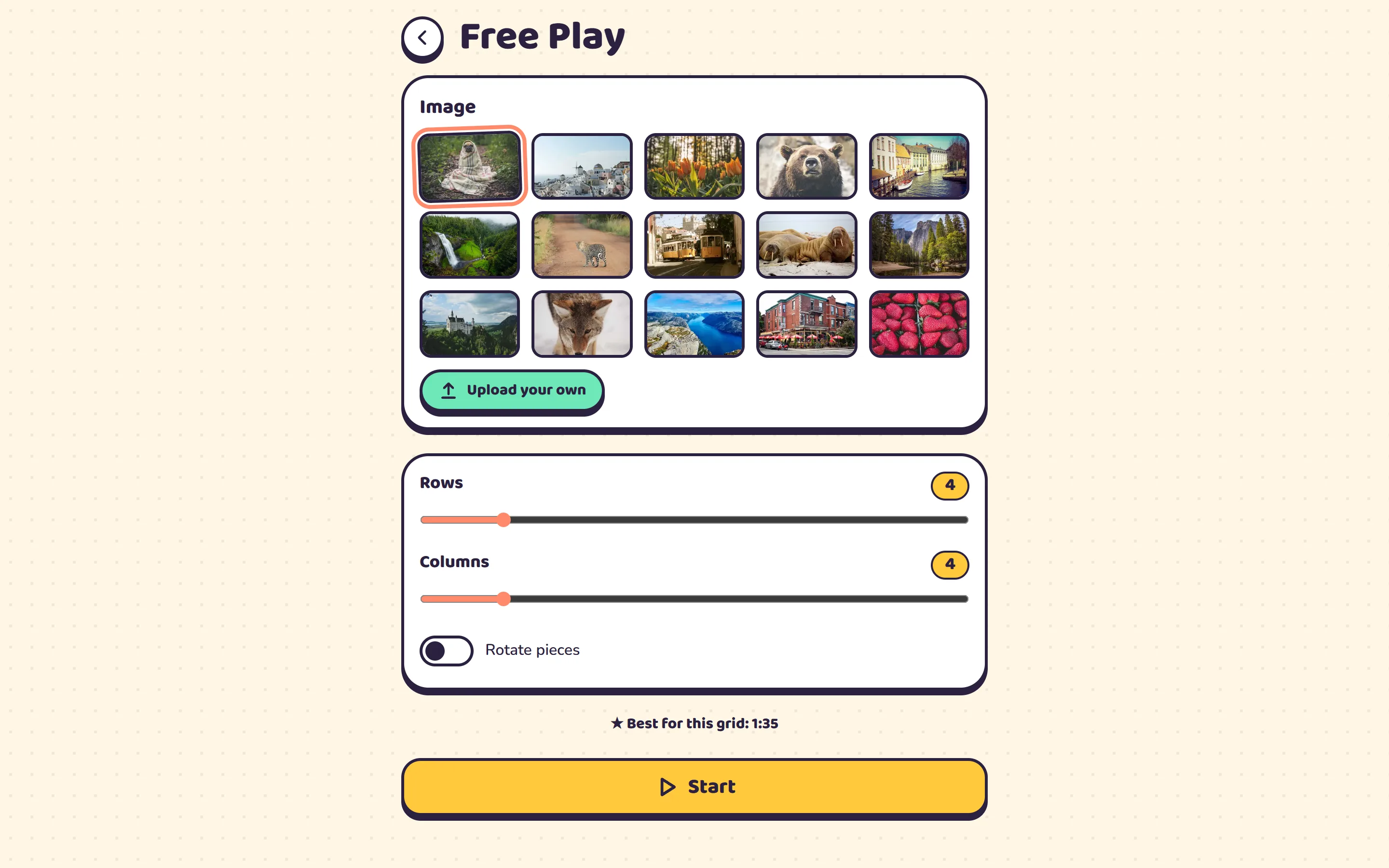 Puzzle Game free play setup with image and grid size choices