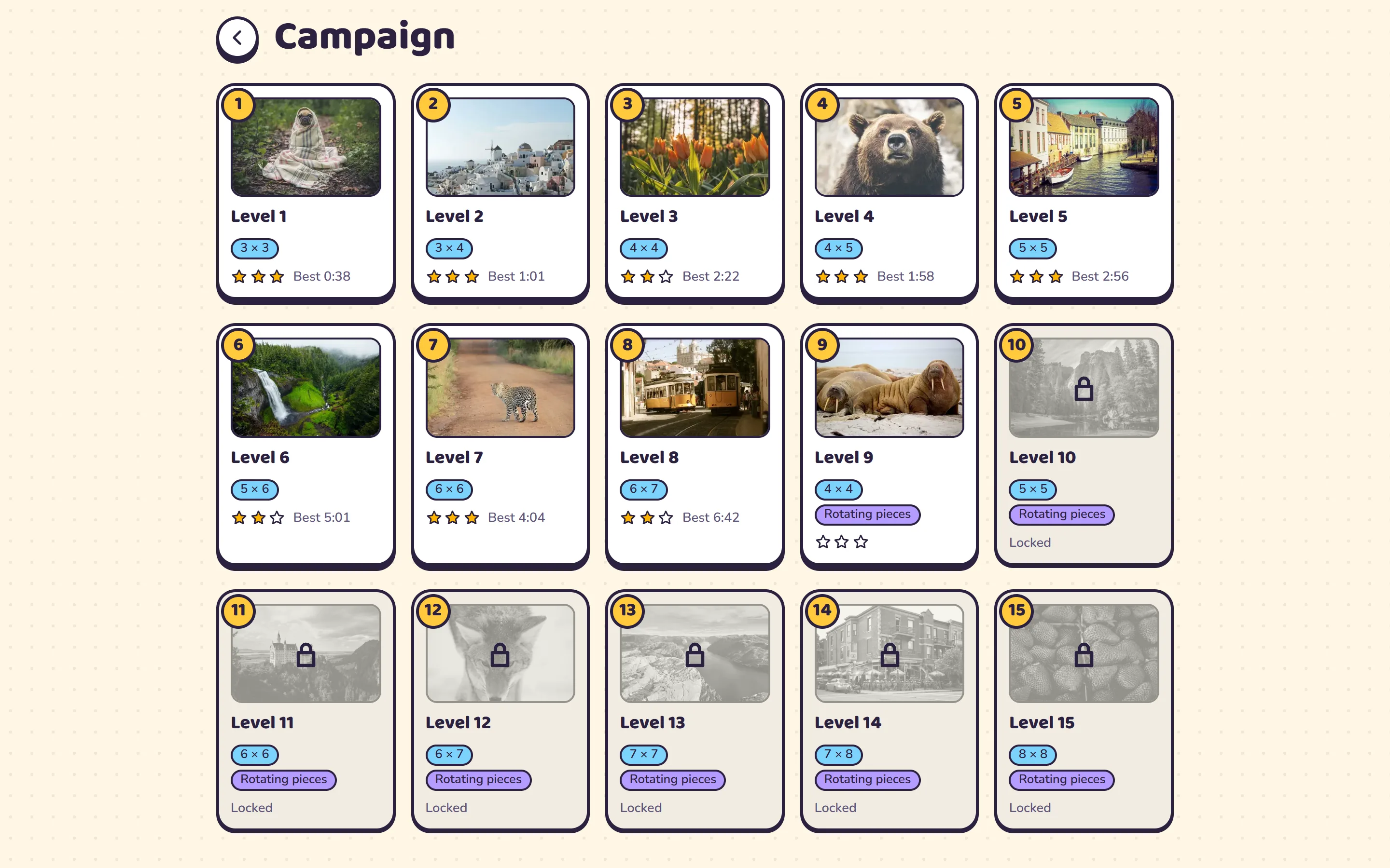 Puzzle Game campaign screen with 15 level cards