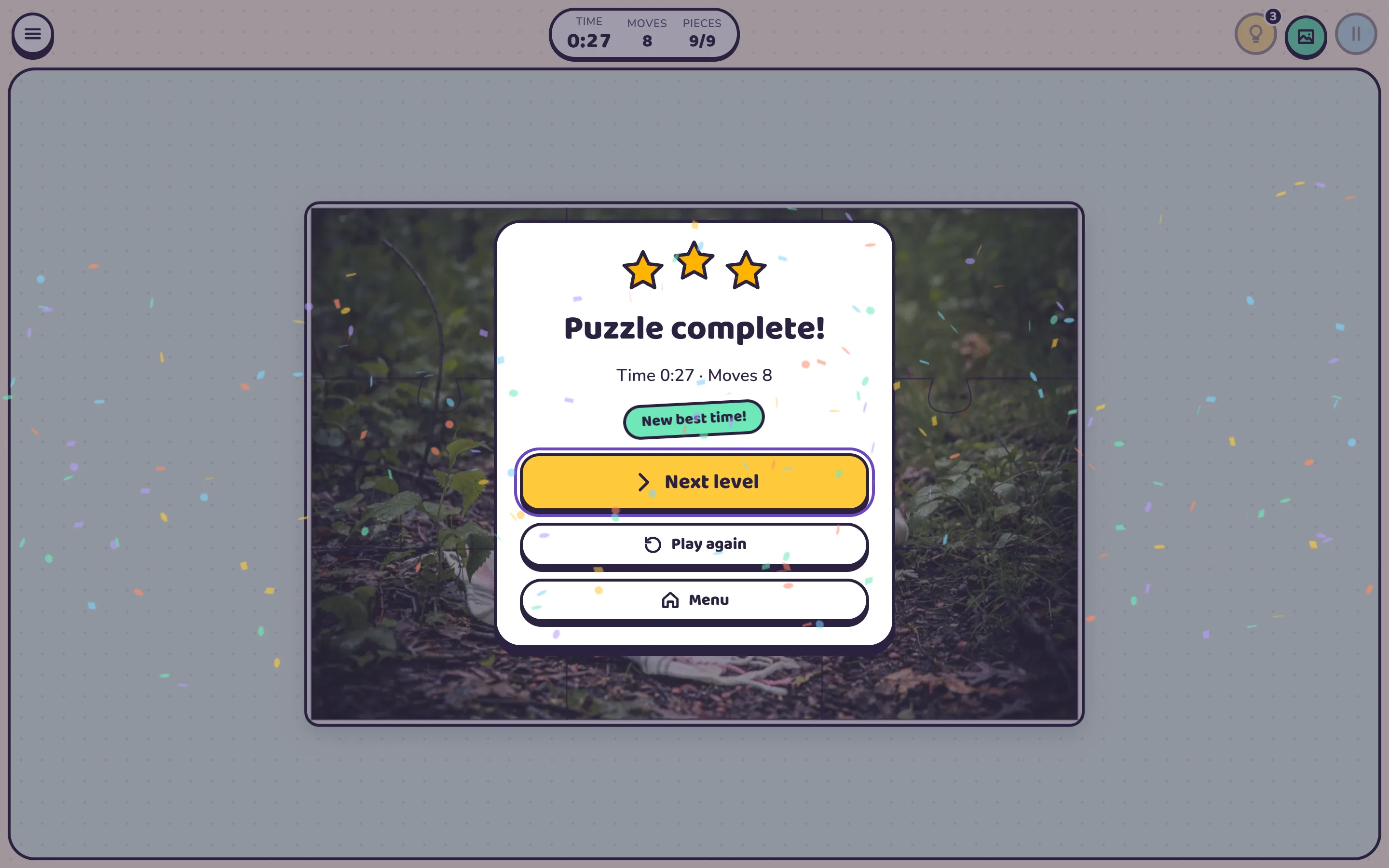 Puzzle Game win dialog with three stars and confetti