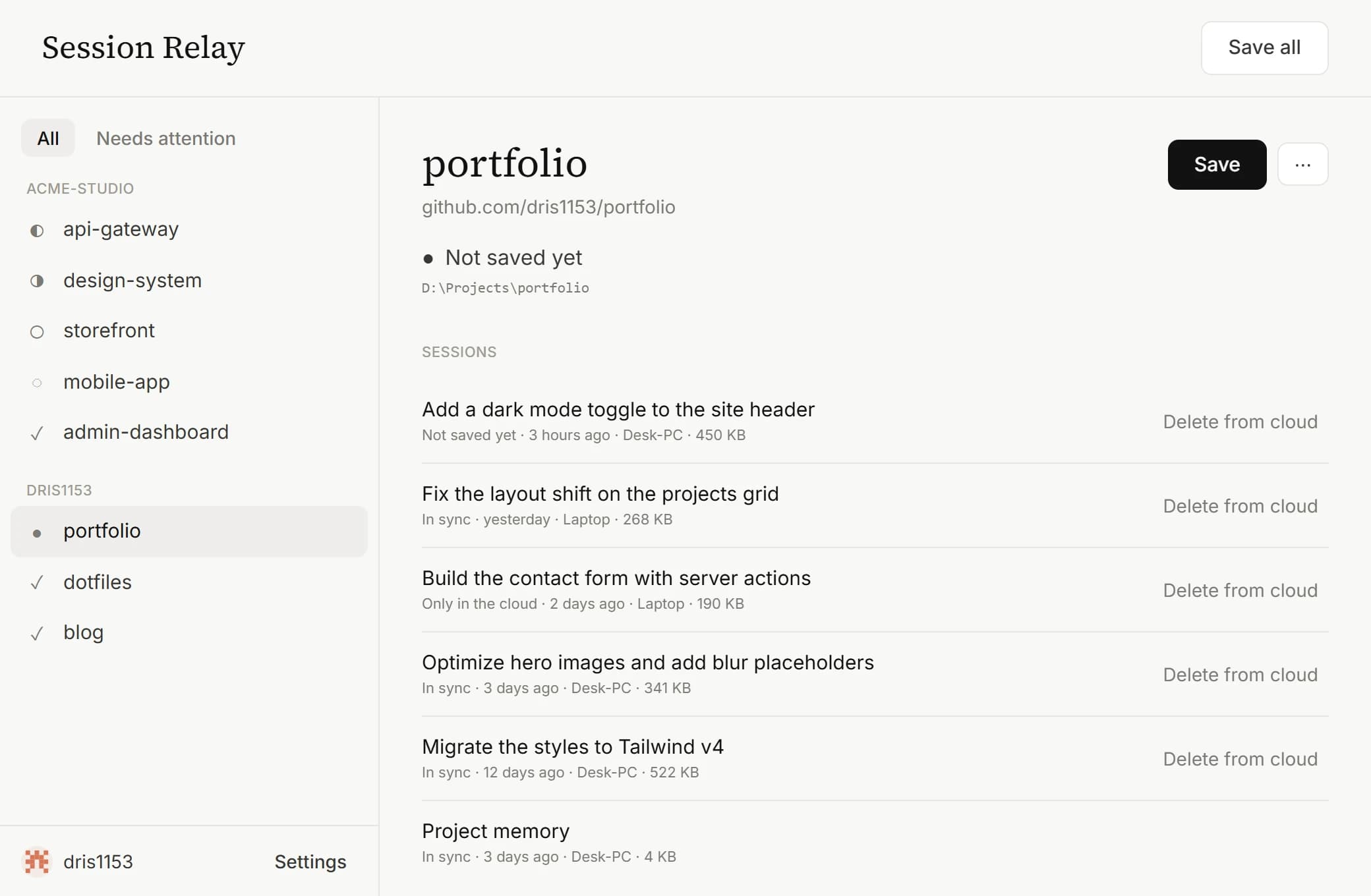 Session Relay dashboard listing projects by owner with their sync status
