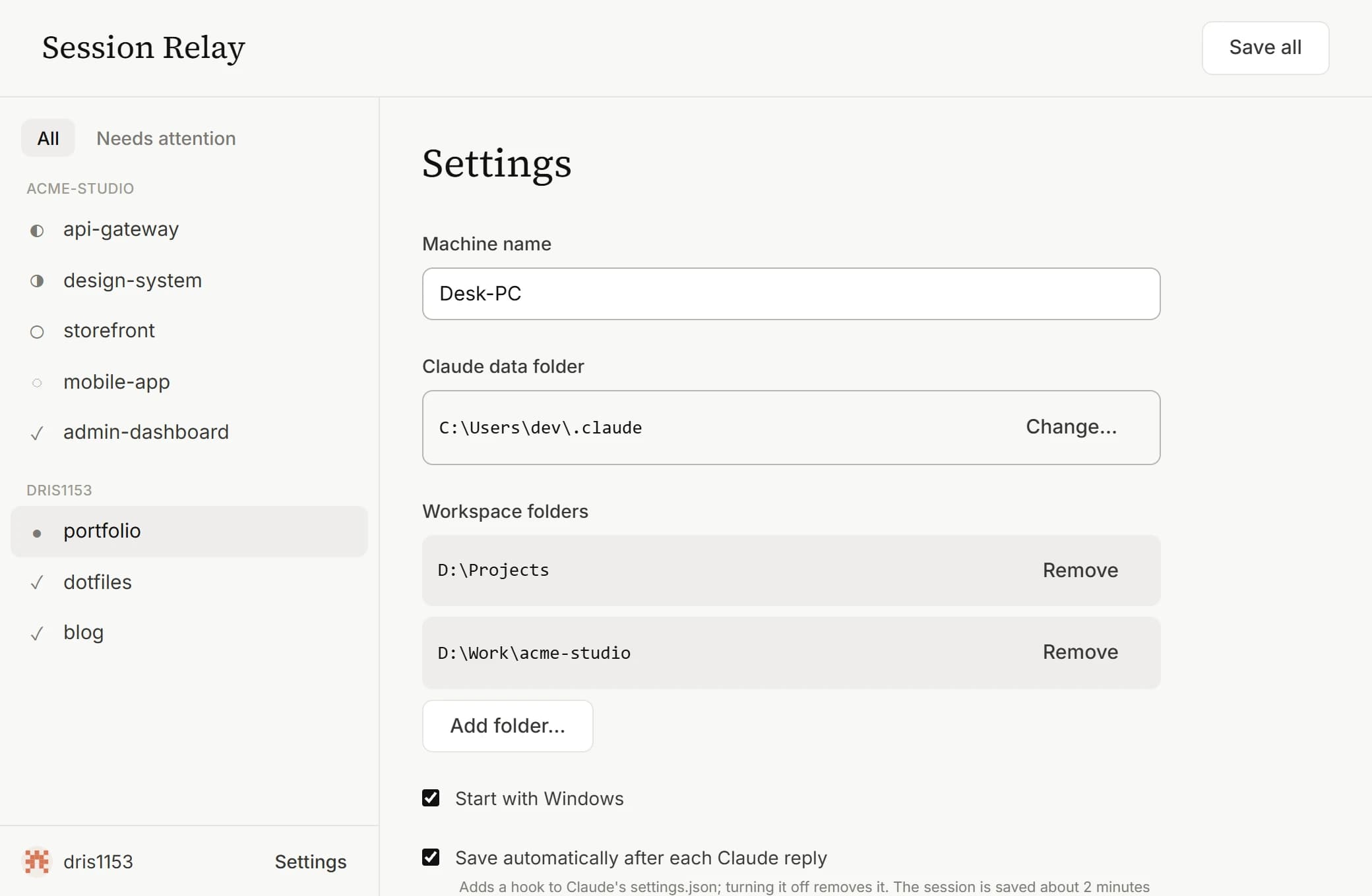 Session Relay settings