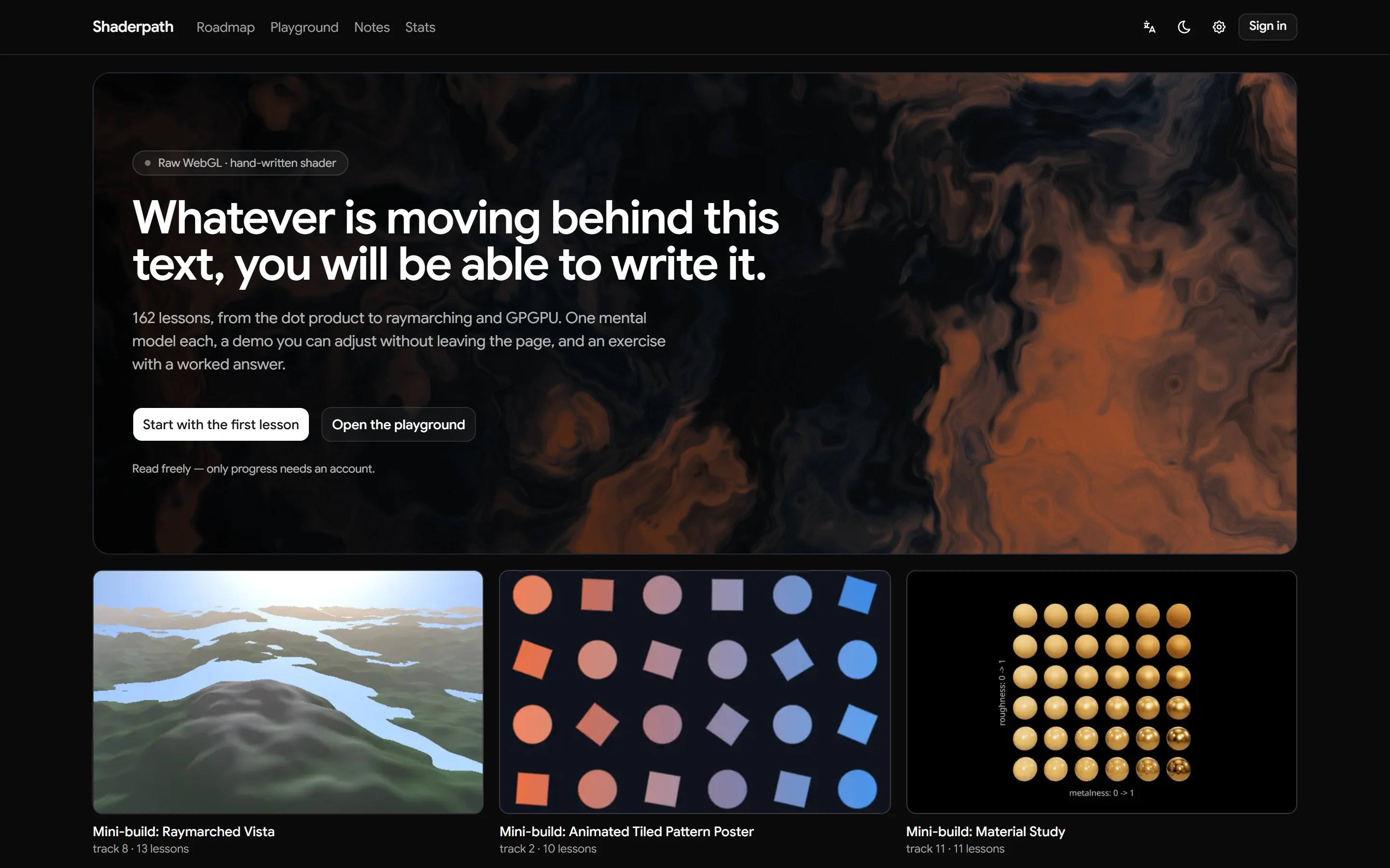 ShaderPath landing page with a live shader animation behind the headline