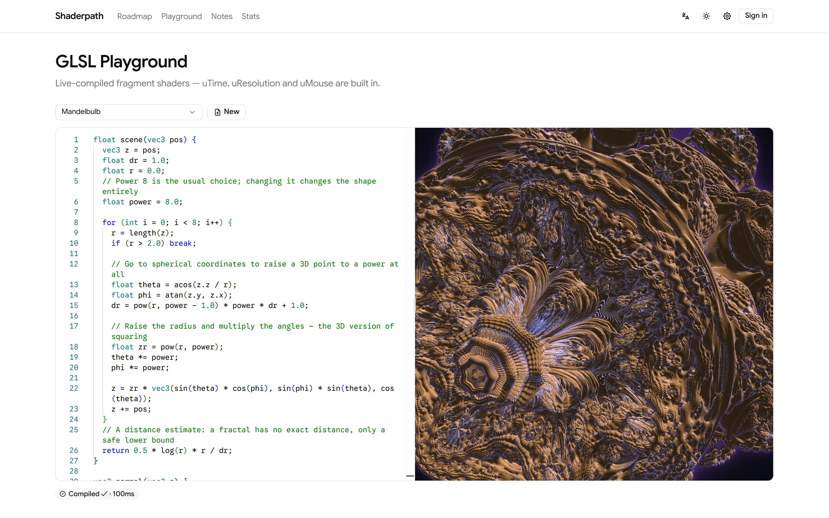 GLSL playground with a code editor and live preview