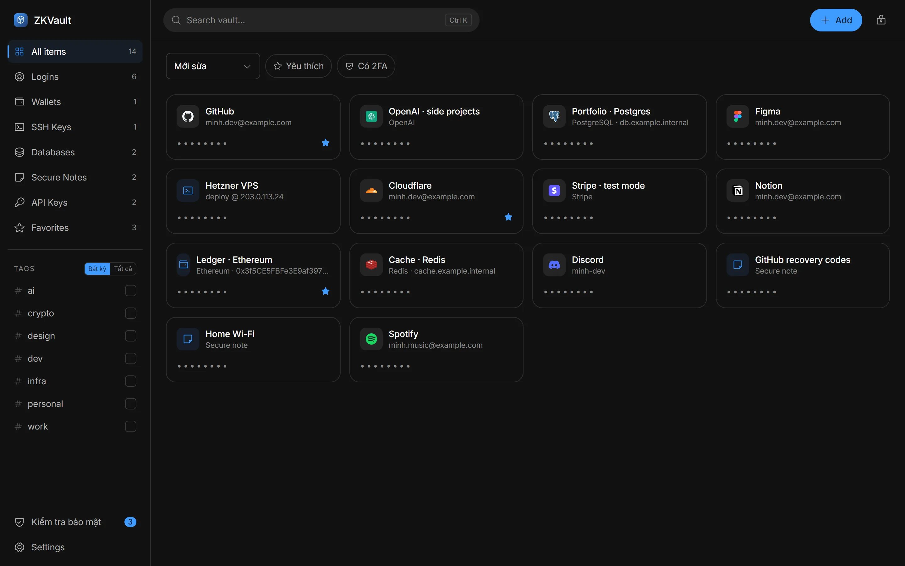 ZKVault showing a grid of logins, API keys, databases and notes with a category sidebar