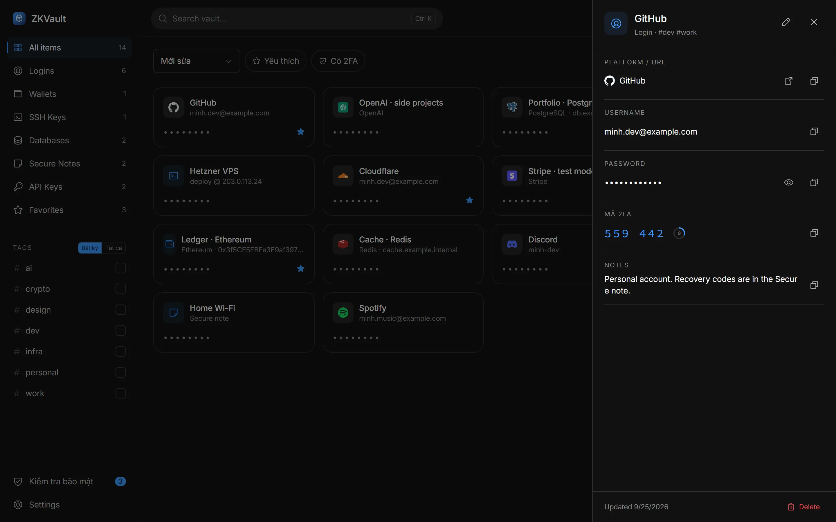 ZKVault item drawer showing a login with a live 2FA code